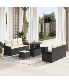 9-częściowy zestaw sof ogrodowych vidaXL z poduszkami czarny polirattan akacja, 2-osobowa sofa ogrodowa vidaXL z poduszkami czarny polirattan, 3-częściowy zestaw do jadalni ogrodowej vidaXL z poduszkami czarny polirattan akacja Dārza mēbeļu komplekti
