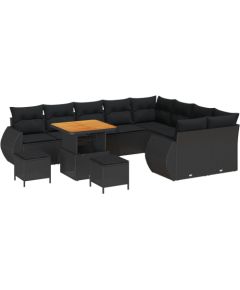 vidaXL 12-częściowy zestaw sof ogrodowych z poduszkami czarny polirattan akacja, vidaXL 3-częściowy zestaw do jedzenia ogrodowego z poduszkami czarny polirattan akacja Dārza mēbeļu komplekti