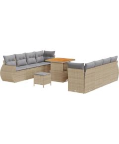 vidaXL Zestaw Sof do Ogrodu w 11 Częściach z Poduszkami Beżowy Poli Rattan Akacja, vidaXL Zestaw Stołów do Ogrodu w 3 Częściach z Poduszkami Beżowy Poli Rattan Akacja Dārza mēbeļu komplekti