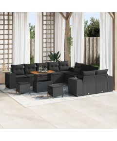vidaXL Zestaw Sofy Ogrodowej 13-Częściowy z Poduszkami Czarny Polirattan Akacja, vidaXL Zestaw Jadalny 3-Częściowy z Poduszkami Czarny Polirattan Akacja Dārza mēbeļu komplekti