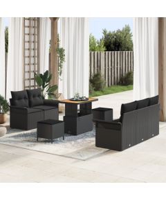 Zestaw 8-częściowy sofa ogrodowa vidaXL z poduszkami czarny polirattan akacja, Sofa ogrodowa 2-osobowa vidaXL z poduszkami czarny polirattan, Zestaw jadalniany 3-częściowy vidaXL z poduszkami czarny polirattan akacja Dārza mēbeļu komplekti