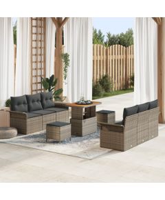 Vidaxl Zestaw 9-elementowy sof ogrodowych z poduszkami szary polirattan akacja, Sofa 2-osobowa ogrodowa z poduszkami szary polirattan, Zestaw 3-elementowy stół ogrodowy z poduszkami szary polirattan akacja Dārza mēbeļu komplekti