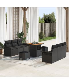 vidaXL 9-elementowy zestaw sof ogrodowych z poduszkami w czarnym polirattanie z akacją, vidaXL Dwuosobowa sofa ogrodowa z poduszkami w czarnym polirattanie, vidaXL 3-elementowy zestaw jadalni ogrodowej z poduszkami w czarnym polirattanie z akacją Dārza mēbeļu komplekti