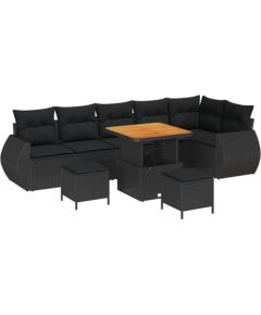 vidaXL 9-częściowy zestaw sof ogrodowych z poduszkami czarny polirattan akacja, vidaXL 3-częściowy zestaw stołowy ogrodowy z poduszkami czarny polirattan akacja Dārza mēbeļu komplekti