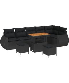 Vidaxl Zestaw 9-elementowy sof ogrodowych z poduszkami Czarnego Polirattanu Akacji, Zestaw 3-elementowy do jadalni ogrodowej z poduszkami Czarnego Polirattanu Akacji Dārza mēbeļu komplekti