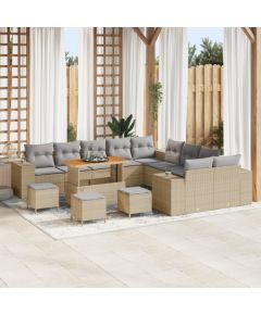 Zestaw 14-elementowy sofy ogrodowej vidaXL z poduszkami Beżowy Polirattan Akacja, Zestaw 4-elementowy stołu jadalnego vidaXL z poduszkami Beżowy Polirattan Akacja Dārza mēbeļu komplekti