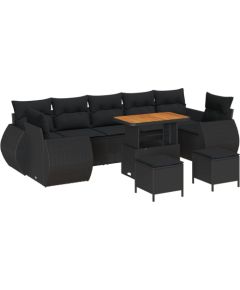 Vidaxl Zestaw 10-częściowych sof ogrodowych z poduszkami czarny polirattan akacja, Zestaw 3-częściowy do jadalni ogrodowej z poduszkami czarny polirattan akacja Dārza mēbeļu komplekti