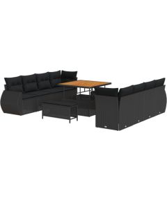 vidaXL 11-częściowy zestaw sofy ogrodowej z poduszkami czarny polirattan akacja, vidaXL 3-częściowy zestaw jadalniany ogrodowy z poduszkami czarny polirattan akacja Dārza mēbeļu komplekti