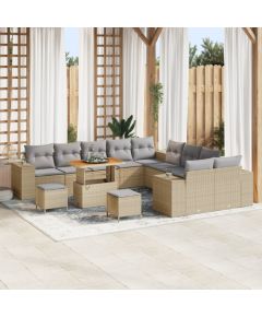vidaXL Zestaw 13-częściowy sofy ogrodowej z poduszkami beżowy polirattan akacja, vidaXL Zestaw 3-częściowy stołu jadalnianego ogrodowego z poduszkami beżowy polirattan akacja Dārza mēbeļu komplekti