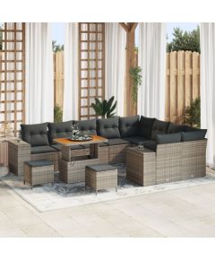 vidaXL Zestaw 12-elementowy sofa ogrodowa z poduszkami szary polirattan akacja, vidaXL Zestaw 3-elementowy stół jadalny ogrodowy z poduszkami szary polirattan akacja Dārza mēbeļu komplekti