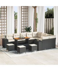 Zestaw Sof Ogrodowych vidaXL 13 Elementów z Poduszkami Czarny Rattan Poli Akacja, Zestaw Jadalny vidaXL 4 Elementy z Poduszkami Czarny Rattan Poli Akacja Dārza mēbeļu komplekti
