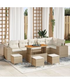 vidaXL 9-członowy Zestaw Sofy Ogrodowej z Poduszkami z Beżowego Polirattanu Acacia, vidaXL 3-członowy Zestaw Jadalny do Ogrodu z Poduszkami z Beżowego Polirattanu Acacia Dārza mēbeļu komplekti