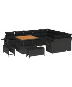 vidaXL Zestaw sof ogrodowych 12 elementów z poduszkami Czarny Polirattan Akacja, vidaXL Zestaw jadalniany 3 elementy z poduszkami Czarny Polirattan Akacja Dārza mēbeļu komplekti