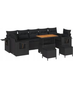 vidaXL 10-częściowy zestaw sof ogrodowych z poduszkami czarny poli rattan, vidaXL 3-częściowy zestaw jadalny z poduszkami czarny poli rattan Dārza mēbeļu komplekti