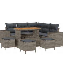 Zestaw sofy ogrodowej vidaXL 9-elementowy z poduszkami szary polirattan akacja, Zestaw obiadowy vidaXL 4-elementowy z poduszkami szary polirattan akacja Dārza mēbeļu komplekti