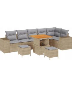 vidaXL 9-elementowy zestaw sofy ogrodowej z poduszkami Beżowy poli rattan Akacja, vidaXL 3-elementowy zestaw stołu ogrodowego z poduszkami Beżowy poli rattan Akacja Dārza mēbeļu komplekti