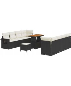 vidaXL 11-elementowy zestaw sof ogrodowych z poduszkami Czarny Poly Rattan Akacja, vidaXL 3-elementowy zestaw do jadalni ogrodowej z poduszkami Czarny Poly Rattan Akacja Dārza mēbeļu komplekti
