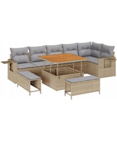 Duży zestaw sofy ogrodowej vidaXL 9-częściowy z poduszkami Beżowy polirattan akacja, Zestaw do jadalni vidaXL 3-częściowy z poduszkami Beżowy polirattan akacja Dārza mēbeļu komplekti