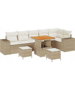 Zestaw sof ogrodowych vidaXL z 9 elementów z poduszkami beżowy polirattan akacja, Zestaw jadalny vidaXL z 3 elementów z poduszkami beżowy polirattan akacja Dārza mēbeļu komplekti