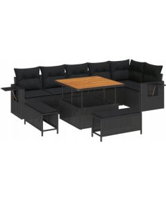 Zestaw ogrodowy 9-częściowy vidaXL z poduszkami czarny polirattan akacja, Zestaw do jadalni 3-częściowy vidaXL z poduszkami czarny polirattan akacja Dārza mēbeļu komplekti