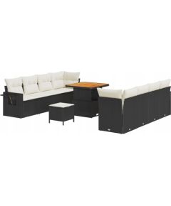 Zestaw Sofy Ogrodowej vidaXL 11-elementowy z Poduszkami Czarny Polirattan Akacja, Zestaw Do Jadalni vidaXL 3-elementowy z Poduszkami Czarny Polirattan Akacja Dārza mēbeļu komplekti