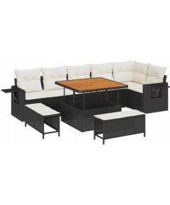 vidaXL Zestaw sofy ogrodowej 9-częściowy z poduszkami, czarny polirattan, akacja, vidaXL Zestaw jadalny ogrodowy 3-częściowy z poduszkami, czarny polirattan, akacja Dārza mēbeļu komplekti