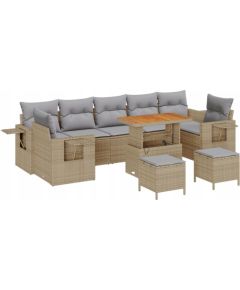 Zestaw Sofy Ogrodowej vidaXL 10 Części z Poduszkami Beżowy Polirattan Akacja, Zestaw Jadalny vidaXL 3 Części z Poduszkami Beżowy Polirattan Akacja Dārza mēbeļu komplekti