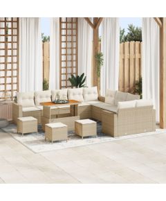 14-elementowy zestaw sof ogrodowych vidaXL z poduszkami beżowego polirattanu akacjowego, 4-elementowy zestaw do jadalni ogrodowej vidaXL z poduszkami beżowego polirattanu akacjowego Dārza mēbeļu komplekti