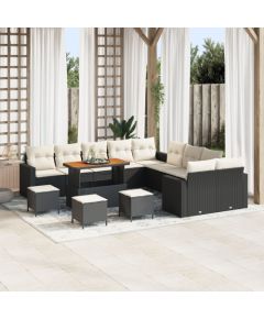 vidaXL 13-elementowy zestaw sofy ogrodowej z poduszkami Czarny Polirattan Akacja, vidaXL 3-elementowy zestaw jadalny ogrodowy z poduszkami Czarny Polirattan Akacja Dārza mēbeļu komplekti