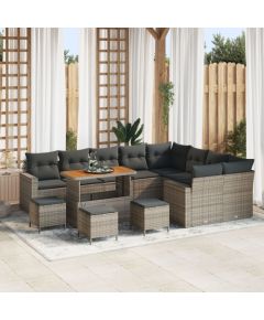 Vidaxl Zestaw 12 sztuk sof ogrodowych z poduszkami szarym rattanem akacjowym, Zestaw 3 sztuk stołowych z poduszkami szarym rattanem akacjowym Dārza mēbeļu komplekti