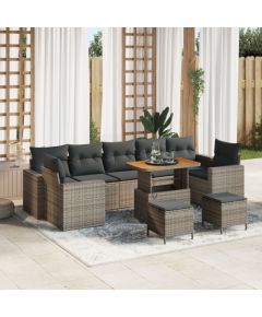 vidaXL 10-częściowy zestaw sofy ogrodowej z poduszkami w szarym polirattanie i akacji, vidaXL 3-częściowy zestaw jadalny ogrodowego z poduszkami w szarym polirattanie i akacji Dārza mēbeļu komplekti