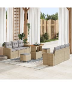 Zestaw kanap ogrodowych vidaXL 9-częściowy z poduszkami Beżowy rattan PE Acacia, Zestaw do jadalni ogrodowej vidaXL 3-częściowy z poduszkami Beżowy rattan PE Acacia Dārza mēbeļu komplekti