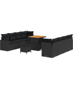Vidaxl Zestaw 11-elementowy sof ogrodowych z poduszkami czarny polirattan akacja, Zestaw 3-elementowy do jadalni z poduszkami czarny polirattan akacja Dārza mēbeļu komplekti