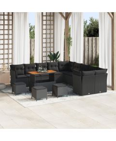 Zestaw sof ogrodowych vidaXL 14-elementowy z poduszkami czarny polirattan akacja, Zestaw do jadalni vidaXL 4-elementowy z poduszkami czarny polirattan akacja Dārza mēbeļu komplekti