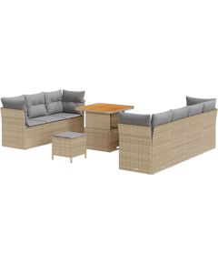 vidaXL Zestaw sofy ogrodowej 10-częściowy z poduszkami beżowy polirattan akacja, vidaXL Zestaw jadalny ogrodowy 3-częściowy z poduszkami beżowy polirattan akacja Dārza mēbeļu komplekti
