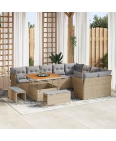 Zestaw sofy ogrodowej vidaXL 12-częściowy z poduszkami Beżowy Polirattan Akacja, Zestaw jadalny vidaXL 3-częściowy z poduszkami Beżowy Polirattan Akacja Dārza mēbeļu komplekti