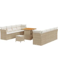 Zestaw sofy ogrodowej vidaXL 11-częściowy z poduszkami Beżowy Polirattan Akacja, Zestaw do jadalni ogrodowej vidaXL 3-częściowy z poduszkami Beżowy Polirattan Akacja Dārza mēbeļu komplekti