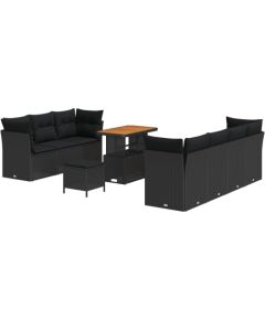 Vidaxl 10-Częściowy Zestaw Sof Ogrodowych z Poduszkami Czarny Polirattan Akacja, 3-Częściowy Zestaw Do Jadalni Ogrodowej z Poduszkami Czarny Polirattan Akacja Dārza mēbeļu komplekti