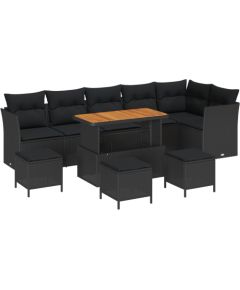 vidaXL 10-częściowy zestaw ogrodowych sof z poduszkami czarny polirattan akacjowy, vidaXL 4-częściowy zestaw ogrodowy do jadalni z poduszkami czarny polirattan akacjowy Dārza mēbeļu komplekti