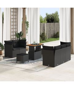 Zestaw Sofa Ogrodowa vidaXL 8 Części z Poduszkami Czarny Poli Rattan Akacja, Zestaw Jadalny vidaXL 3 Części z Poduszkami Czarny Poli Rattan Akacja Dārza mēbeļu komplekti