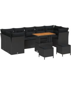 10-elementowy zestaw sof ogrodowych vidaXL z poduszkami Czarny Polirattan Akacja, 3-elementowy zestaw jadalniany vidaXL z poduszkami Czarny Polirattan Akacja Dārza mēbeļu komplekti