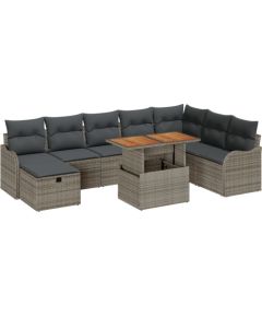 vidaXL Zestaw sof ogrodowych  9 elementów z poduszkami szary rattan polietylenowy, 2-osobowa sofa ogrodowa  z schowkiem i poduszkami szary rattan polietylenowy Dārza mēbeļu komplekti