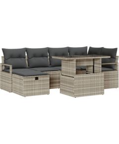 Zestaw sofy ogrodowej vidaXL 7-częściowy z poduszkami jasnoszary polirattan, Sofa ogrodowa 2-osobowa vidaXL z przechowywaniem i poduszkami szary polirattan Dārza mēbeļu komplekti