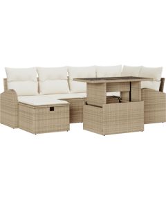 Vidaxl 7-częściowy Zestaw Sof na Ogród z Poduszkami Beżowy Polirattan, Sofa 2-osobowa do Ogrodu z Przechowalnią i Poduszkami Beżowy Polirattan Dārza mēbeļu komplekti