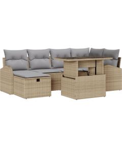 Zestaw ogrodowy vidaXL 7-częściowy z poduszkami Beżowy Polirattan, Sofa ogrodowa vidaXL dla 2 osób z miejscem na przechowywanie i poduszkami Beżowy Polirattan Dārza mēbeļu komplekti