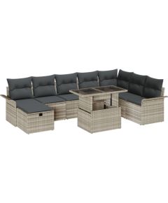 Zestaw Sofy Ogrodowej vidaXL 9 elementów z poduszkami Jasnoszary Rattan Poliester, Zestaw Sofy Ogrodowej vidaXL 2-osobowej z przechowalnią i poduszkami Jasnoszary Rattan Poliester Dārza mēbeļu komplekti