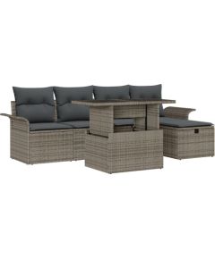 vidaXL 6-częściowy zestaw sofy ogrodowej z poduszkami w kolorze szarym poli rattan, vidaXL 2-osobowa sofa ogrodowa z przechowalnią i poduszkami w kolorze szarym poli rattan. Dārza mēbeļu komplekti