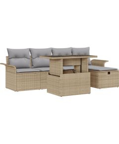 vidaXL Zestaw sofy ogrodowej 6-częściowy z poduszkami w kolorze beżowym i polirattanu, vidaXL Sofa ogrodowa 2-osobowa z miejscem na przechowywanie i poduszkami w kolorze beżowym i polirattanu Dārza mēbeļu komplekti