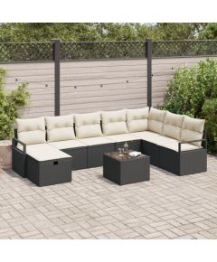 vidaXL 9-częściowy zestaw sof ogrodowych z poduszkami, czarny polirattan, vidaXL 2-osobowa sofa ogrodowa z pokrywą i poduszkami, czarna polirattan Dārza mēbeļu komplekti