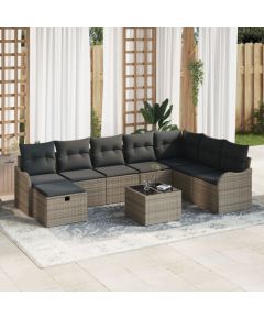 vidaXL Zestaw kanapowy do ogrodu 9-elementowy z poduszkami z szarego polirattanu, vidaXL 2-osobowa sofa ogrodowa z przechowalnią i poduszkami z szarego polirattanu Dārza mēbeļu komplekti